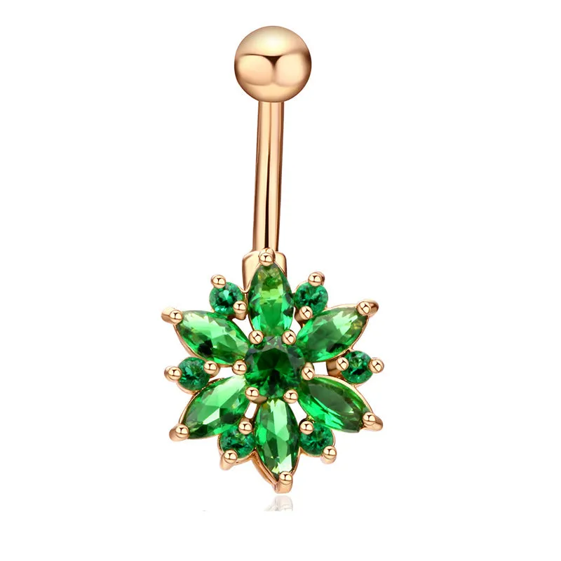 1Pc Luxury Crystal Flower Navel Ring 316L Stainless Steel Green Flowers Women Belly Button Ring Navel Piercing Jewelry