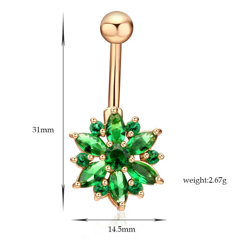 1Pc Luxury Crystal Flower Navel Ring 316L Stainless Steel Green Flowers Women Belly Button Ring Navel Piercing Jewelry