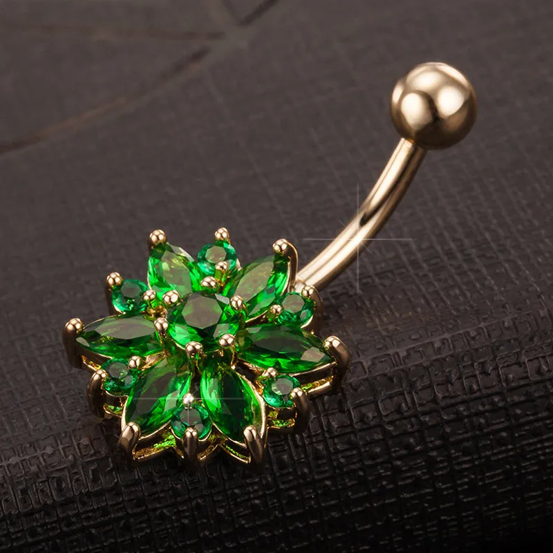 1Pc Luxury Crystal Flower Navel Ring 316L Stainless Steel Green Flowers Women Belly Button Ring Navel Piercing Jewelry