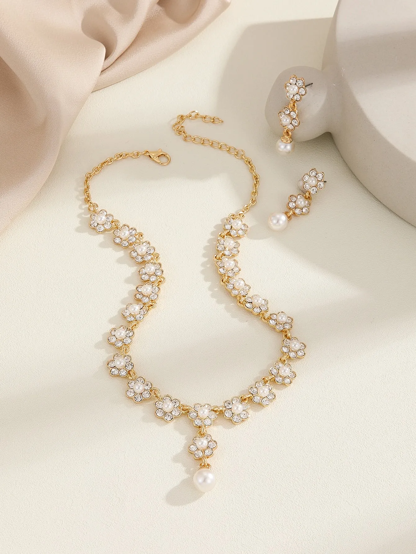 3pcs/Set Wedding Bridal Jewelry Set With Small Faux Pearl, Crystal Water Drop Earrings And Necklace For Women's Evening Party Dresses