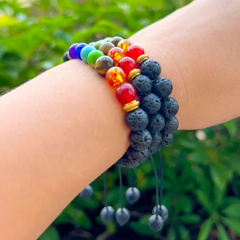 Black Lava Stone and 7 Chakra Stretch Bracelet