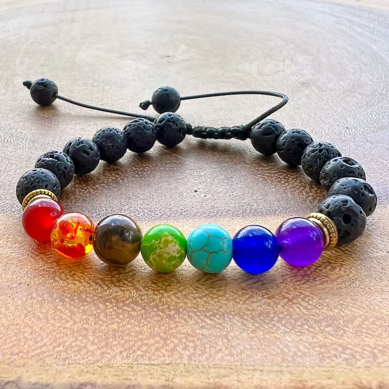 Black Lava Stone and 7 Chakra Stretch Bracelet