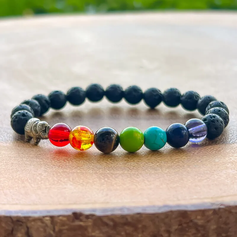 Black Lava Stone and 7 Chakra Stretch Bracelet