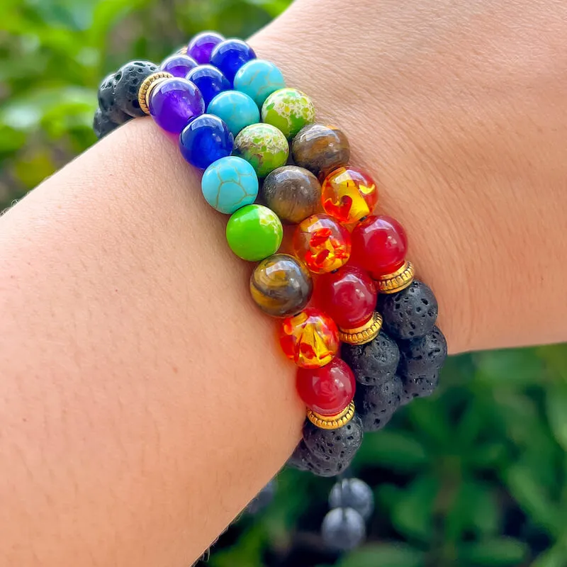 Black Lava Stone and 7 Chakra Stretch Bracelet