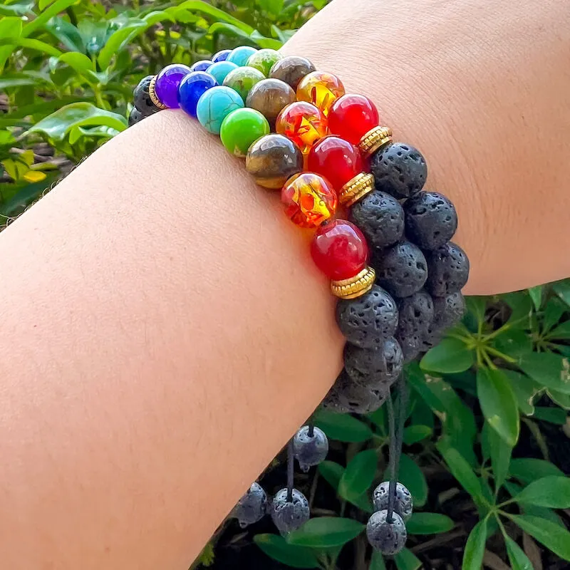 Black Lava Stone and 7 Chakra Stretch Bracelet