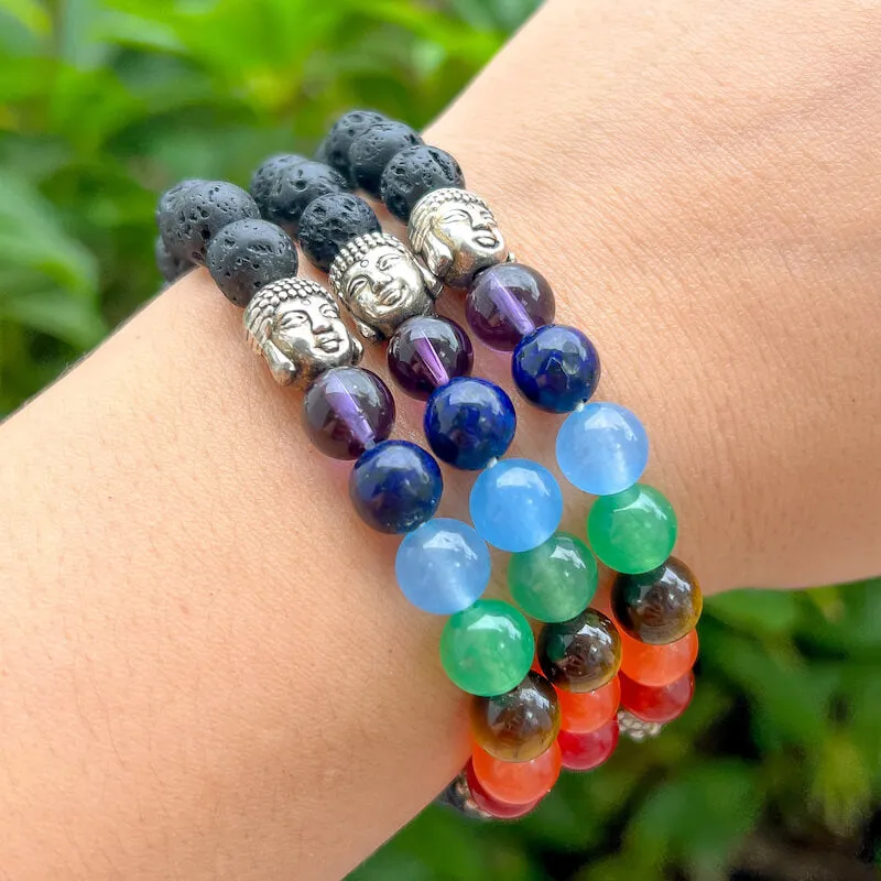 Black Lava Stone and 7 Chakra Stretch Bracelet