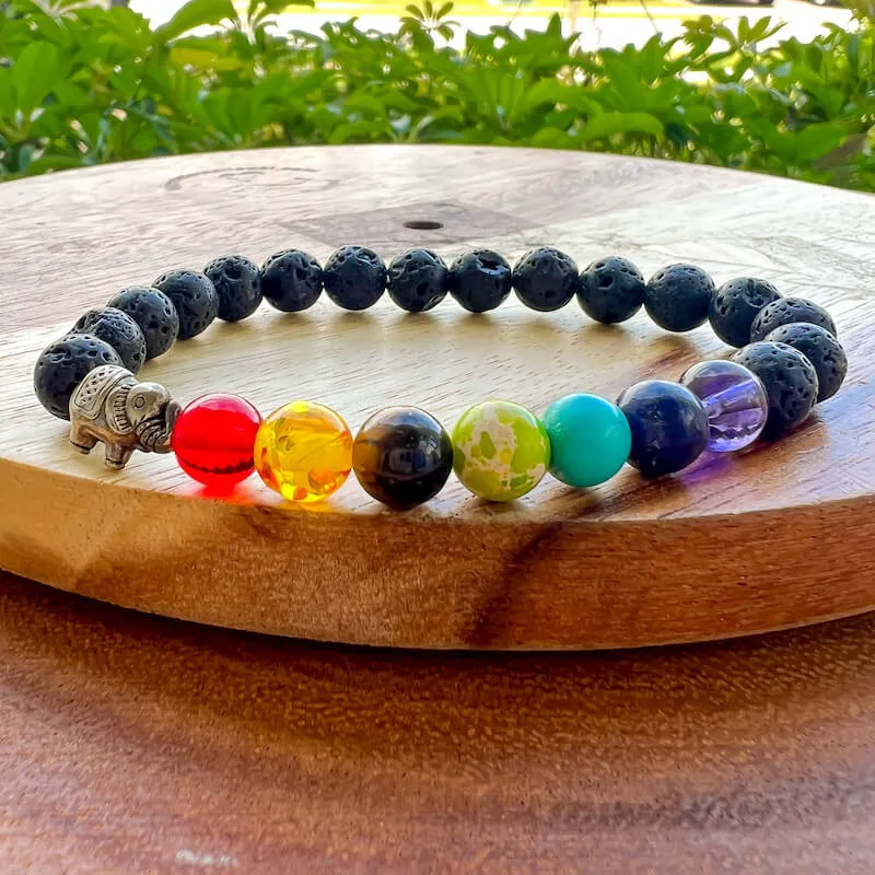 Black Lava Stone and 7 Chakra Stretch Bracelet