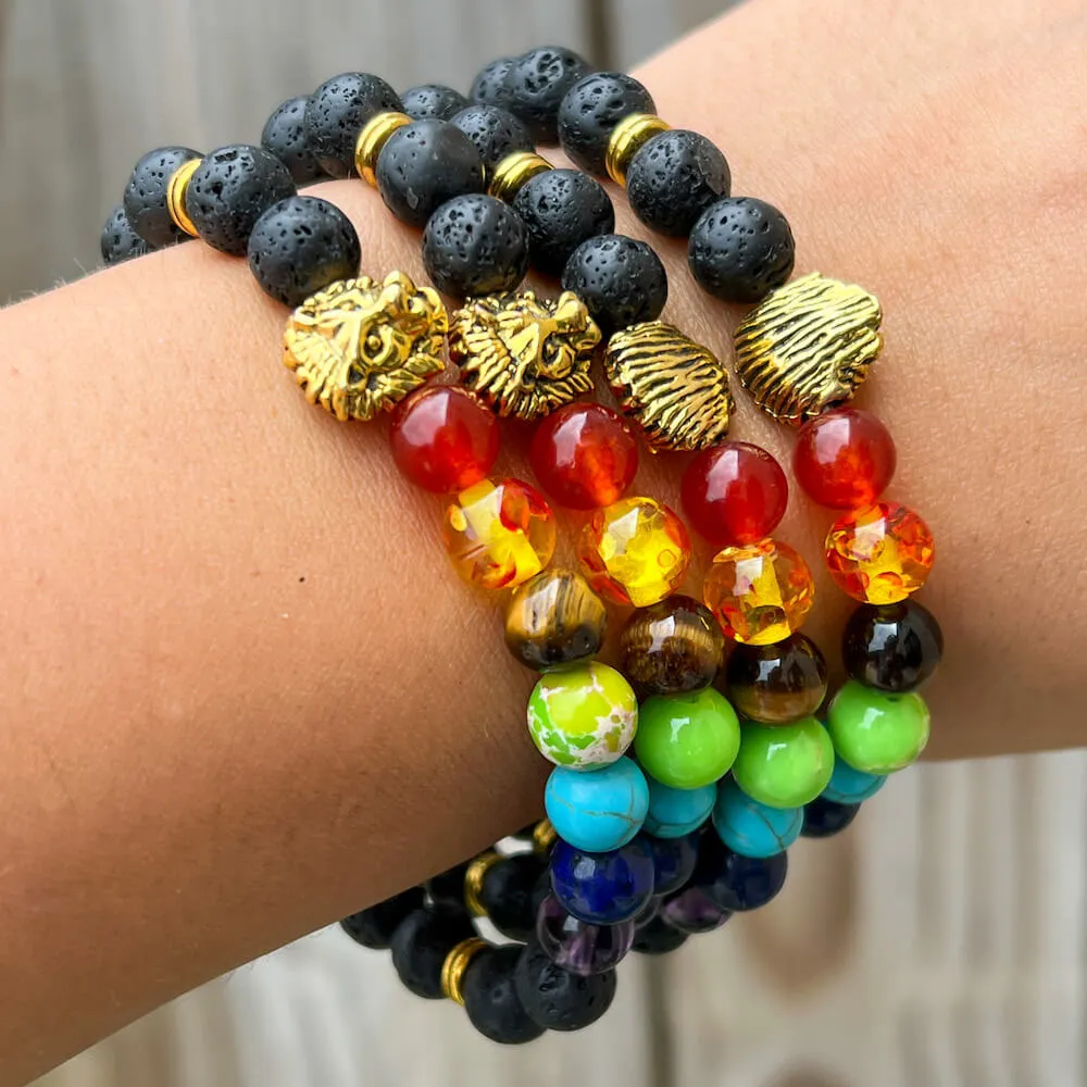 Black Lava Stone and 7 Chakra Stretch Bracelet