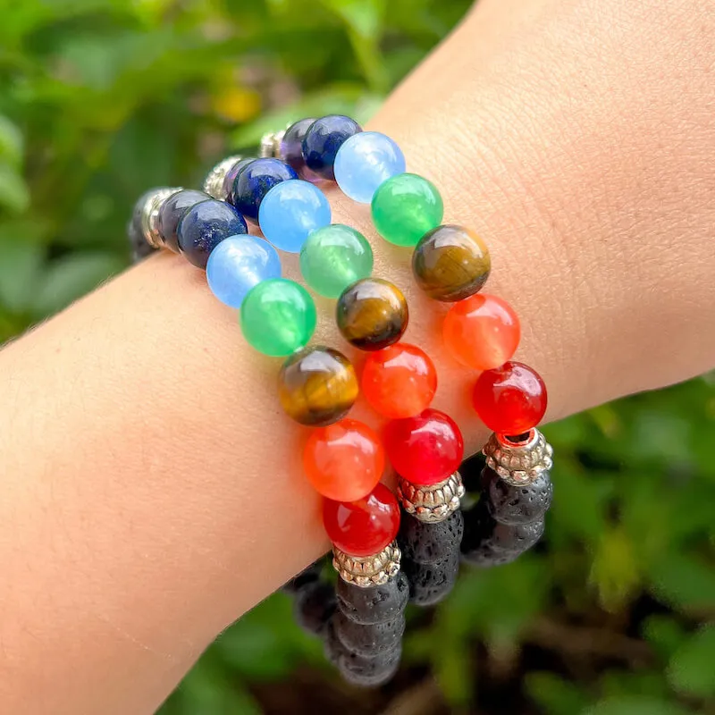 Black Lava Stone and 7 Chakra Stretch Bracelet