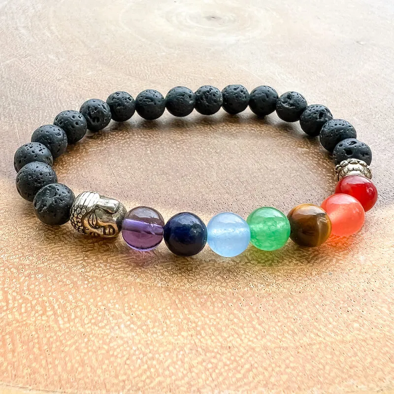 Black Lava Stone and 7 Chakra Stretch Bracelet