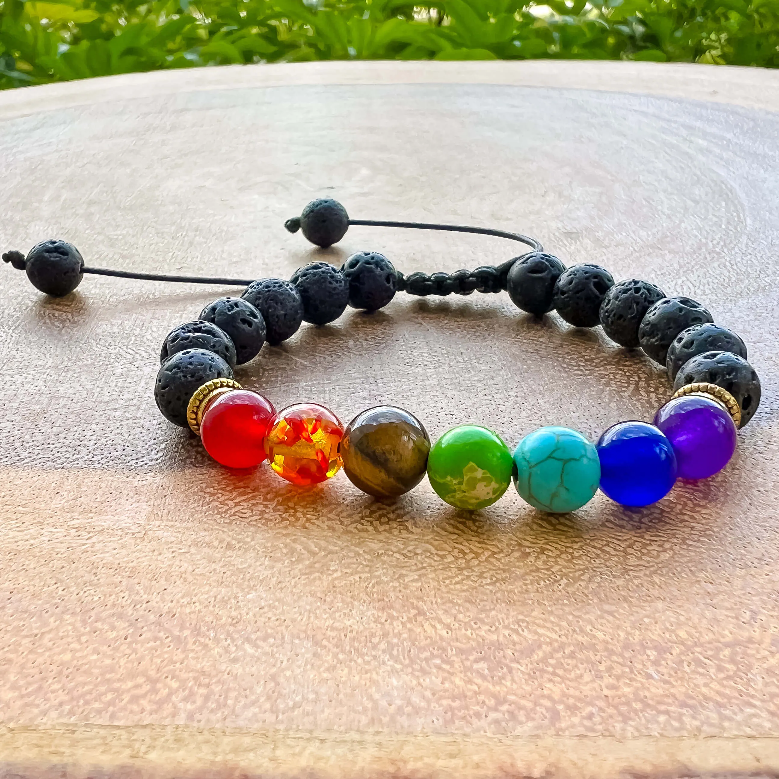 Black Lava Stone and 7 Chakra Stretch Bracelet