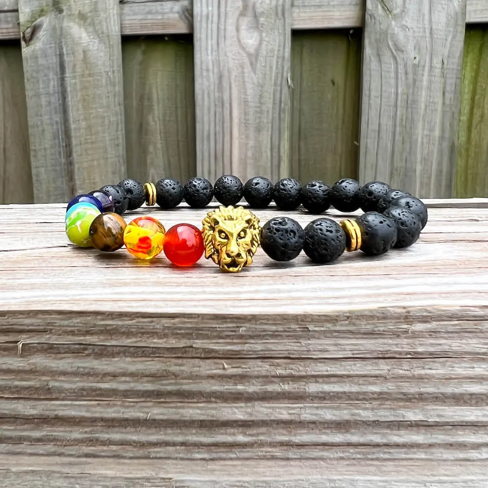 Black Lava Stone and 7 Chakra Stretch Bracelet