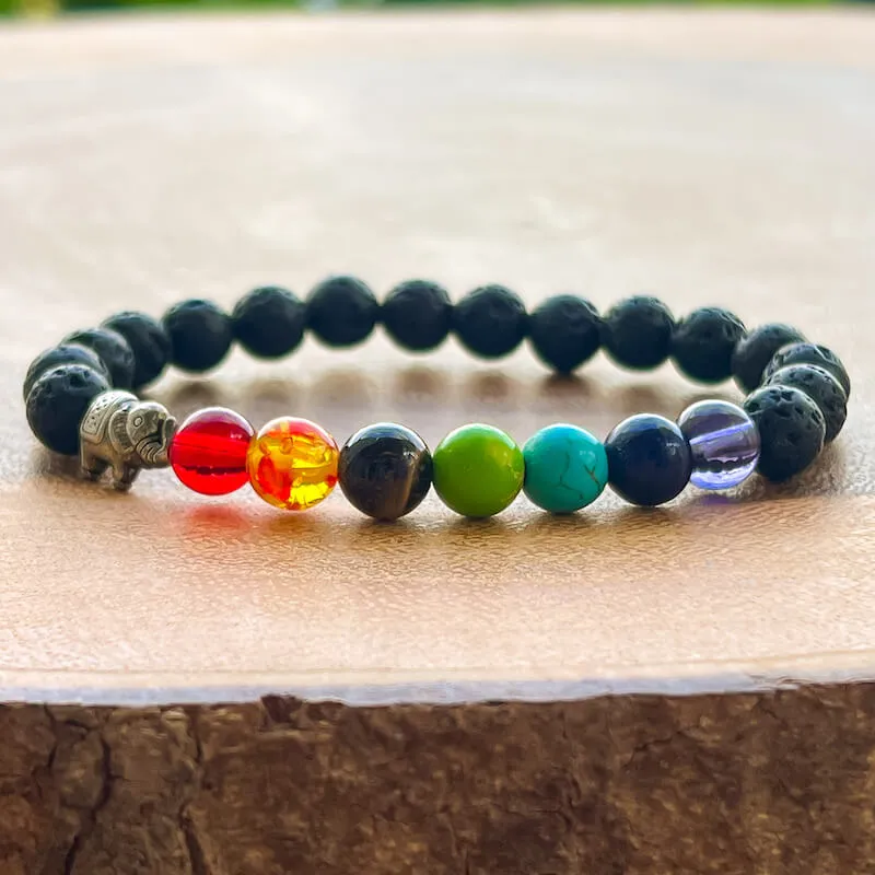 Black Lava Stone and 7 Chakra Stretch Bracelet