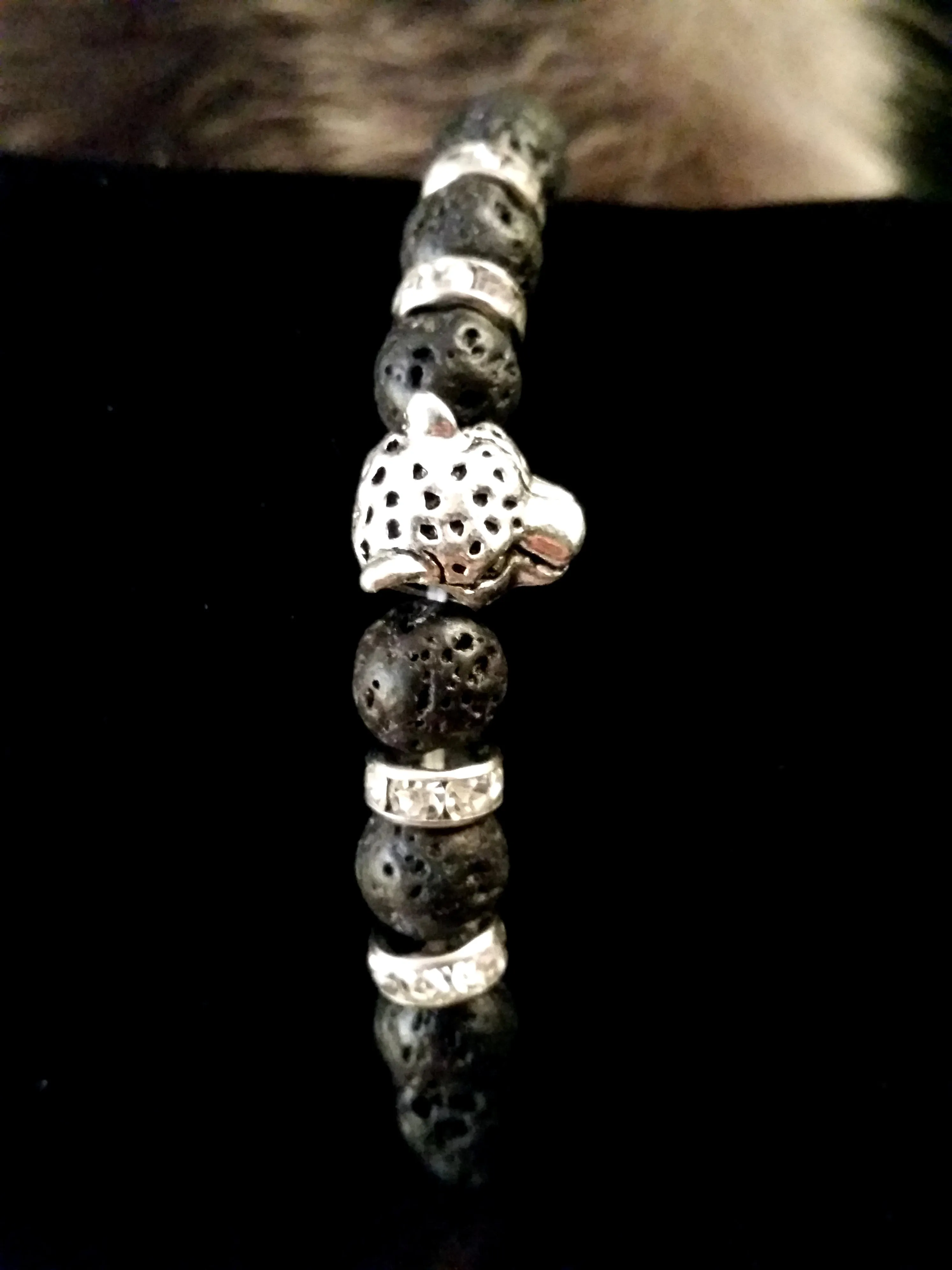 Bracelet Leopard Black Lava Stone Silver Swarovski Crystal