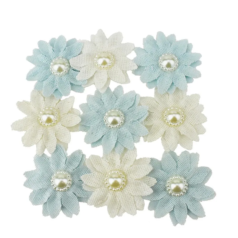 Canvas Flower Pearl Embellishment, Blue,1-1/2-Inch, 9-Count