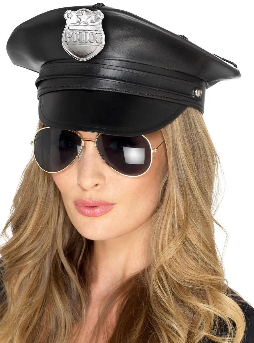 Deluxe Black Leather Look Womens Police Costume Hat