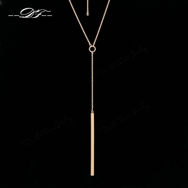 Double Fair Anti Allergy Hot Sale Y Style Chain Long Necklaces & Pendants Rose Gold Color Strip Bar Jewelry For Women DFN601