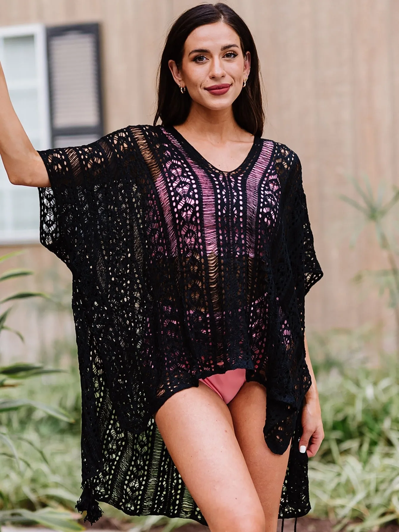 Embroidery Crochet Beachwear Shirt Solid Color Hollow Out See-through Beach Dress Side Split High Low Trim Cover Ups