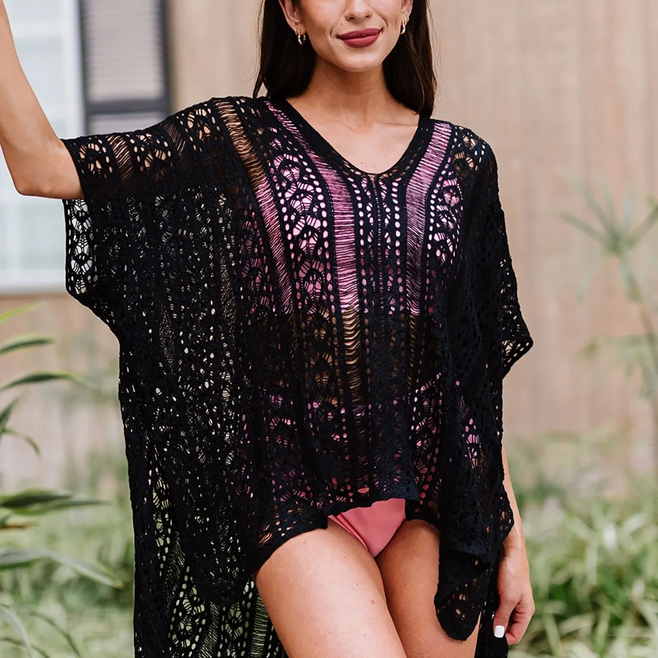 Embroidery Crochet Beachwear Shirt Solid Color Hollow Out See-through Beach Dress Side Split High Low Trim Cover Ups