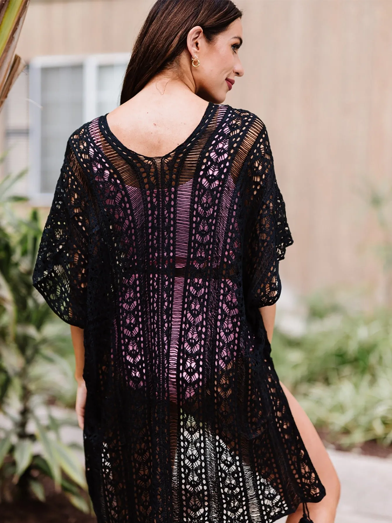 Embroidery Crochet Beachwear Shirt Solid Color Hollow Out See-through Beach Dress Side Split High Low Trim Cover Ups