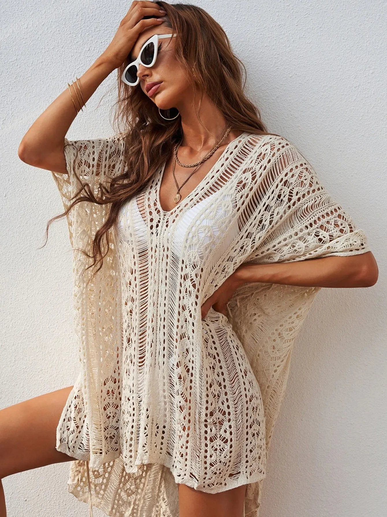 Embroidery Crochet Beachwear Shirt Solid Color Hollow Out See-through Beach Dress Side Split High Low Trim Cover Ups