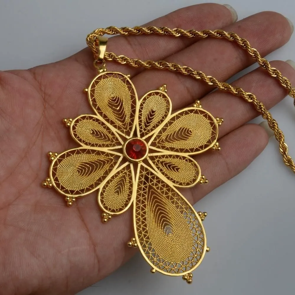 Ethiopian Big Cross Pendant Necklaces for Women Gold Color & Copper Eritrea Jewelry Africa