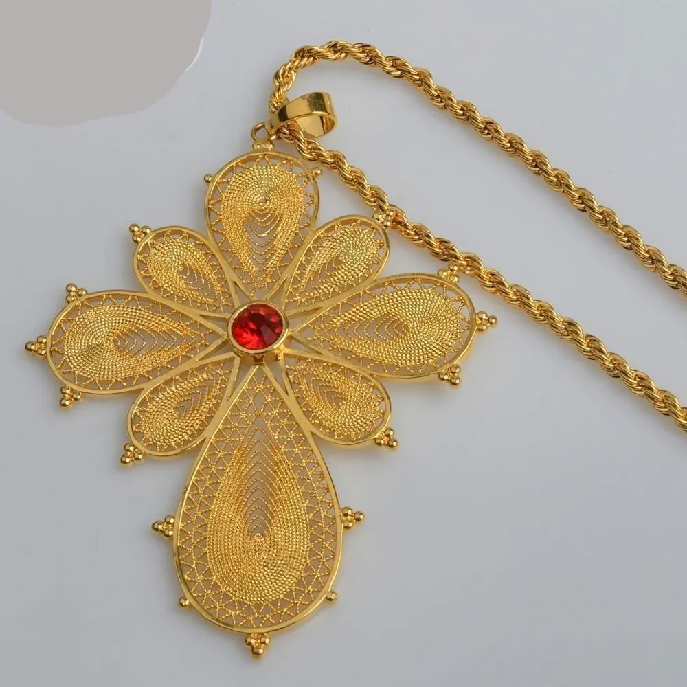 Ethiopian Big Cross Pendant Necklaces for Women Gold Color & Copper Eritrea Jewelry Africa