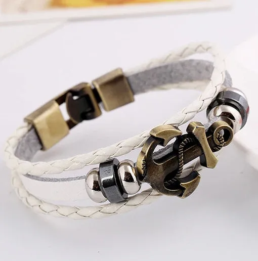 Fashion Jewelry anchor Alloy Leather Bracelet Men Casual personality PU Woven Beaded Bracelet Vintage Punk Bracelet Women BC036