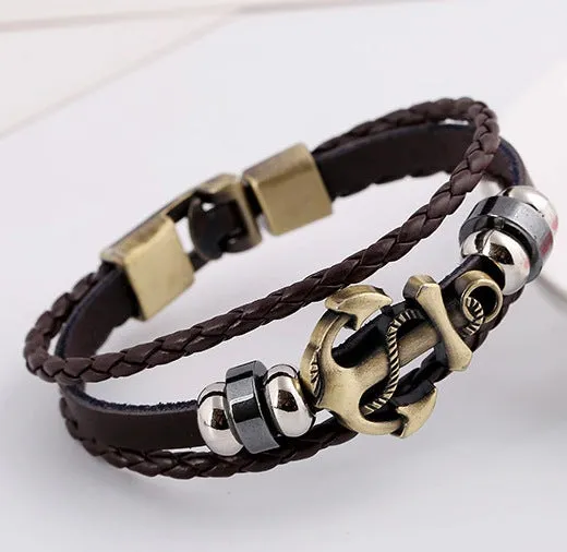 Fashion Jewelry anchor Alloy Leather Bracelet Men Casual personality PU Woven Beaded Bracelet Vintage Punk Bracelet Women BC036