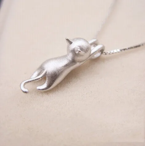 Genuine 925 Sterling Silver Necklaces Cats Pendants&Necklaces Sterling Silver 925 Kitty Necklace Fine Jewelry Colar de Plata D1