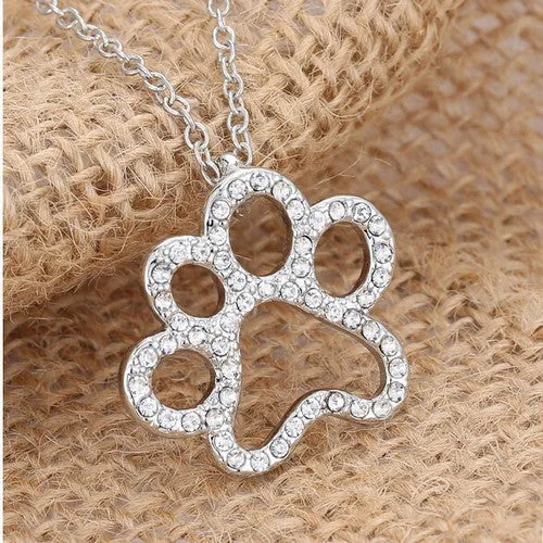 hot sale Dog Paw Black with White Crystal Rhinestone Pendant Necklaces Jewelry Vintage Rhodium Plated for women best gifts