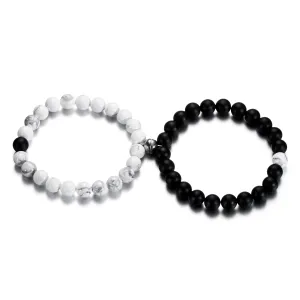 Howlite and Matte Black Agate Magnetic Couple Bracelets