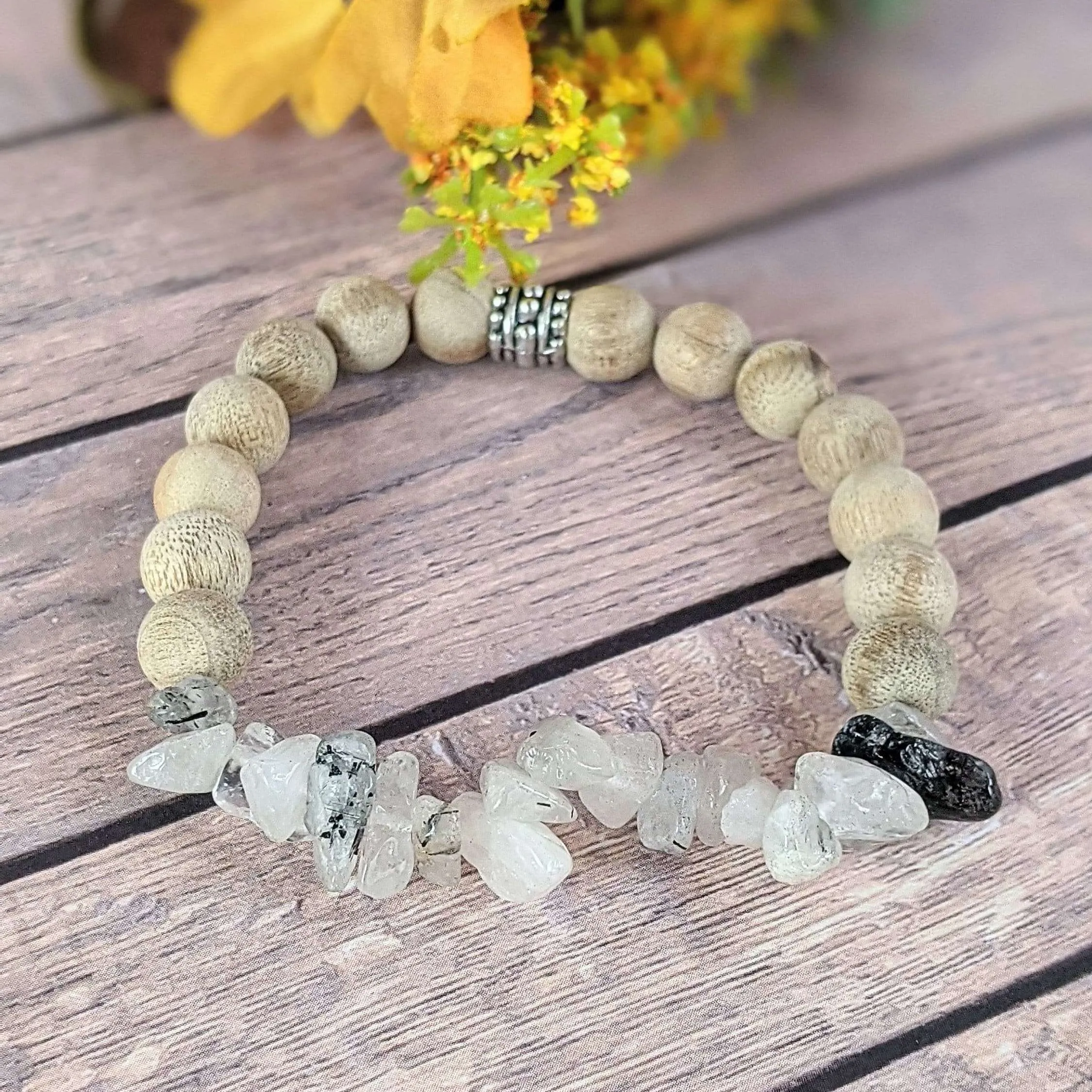 Natural Black Rutilated Quartz Gemstone Chip Diffuser Bracelet- Anxiety Bracelet