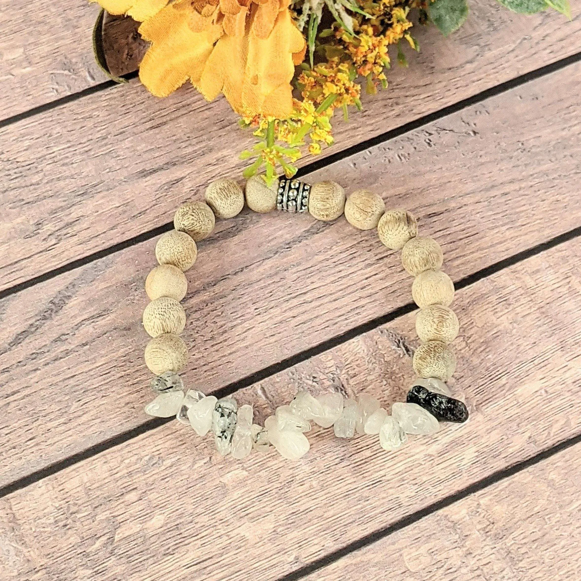 Natural Black Rutilated Quartz Gemstone Chip Diffuser Bracelet- Anxiety Bracelet