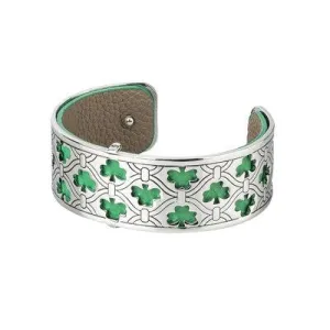 Rhodium and Leather Shamrock Cuff Bangle