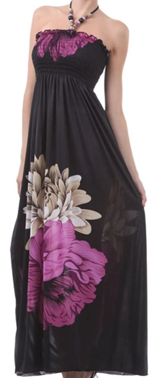 Sakkas Two Flowers on Solid Black Graphic Print Halter Smocked Bodice Long Dress