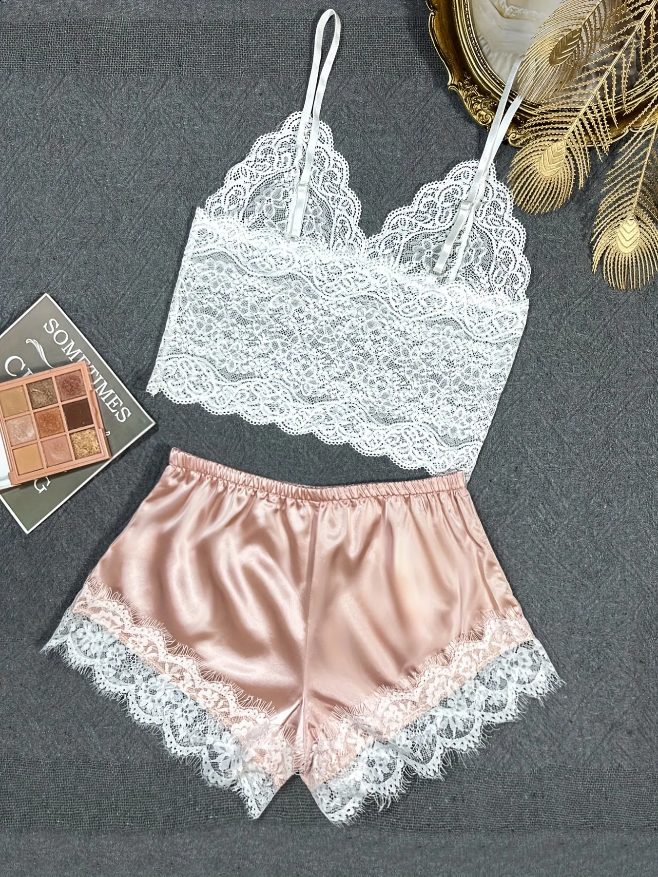 Scallop Trim Lace Lingerie Set, See Through V Neck Bra & Lace Trim Shorts, Women's Lingerie & Underwear