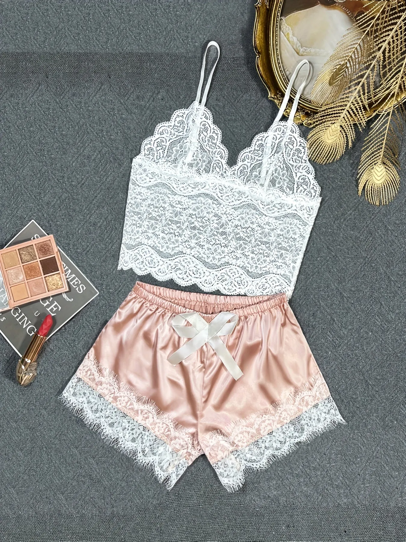 Scallop Trim Lace Lingerie Set, See Through V Neck Bra & Lace Trim Shorts, Women's Lingerie & Underwear