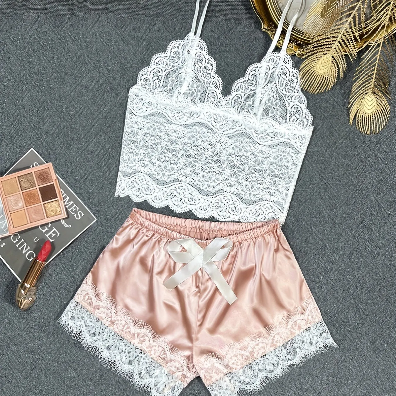 Scallop Trim Lace Lingerie Set, See Through V Neck Bra & Lace Trim Shorts, Women's Lingerie & Underwear