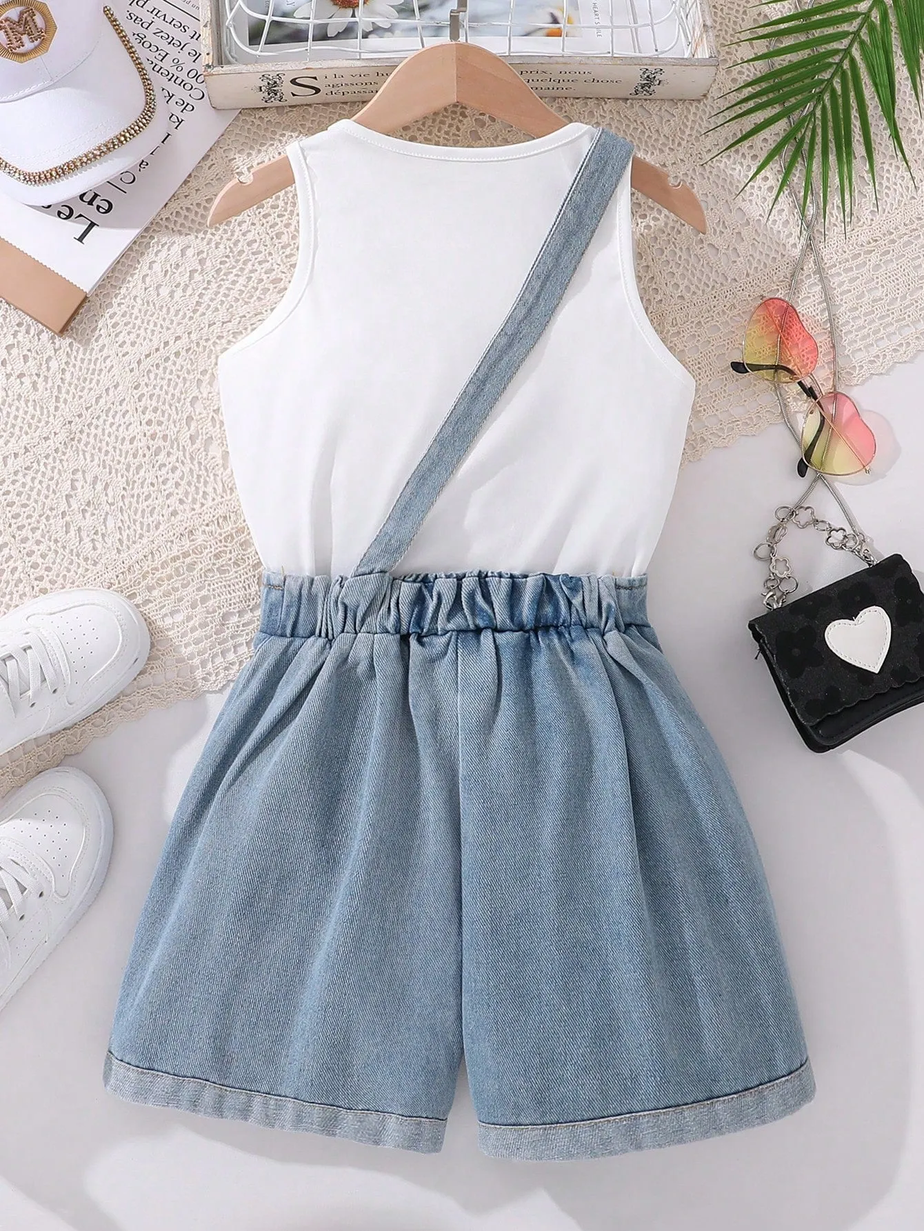 SHEIN Tween Girl Solid Color Vest Top With Overalls Denim Shorts 2 Pieces Set For Summer