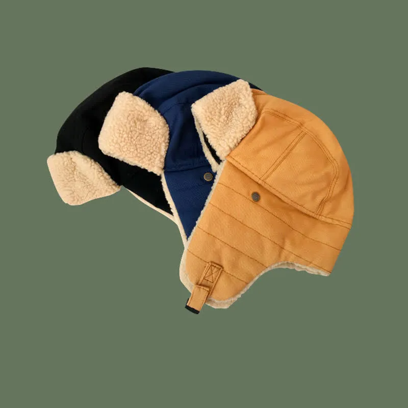 Solid Color Plush Inner Earmuffs Pilot Hat