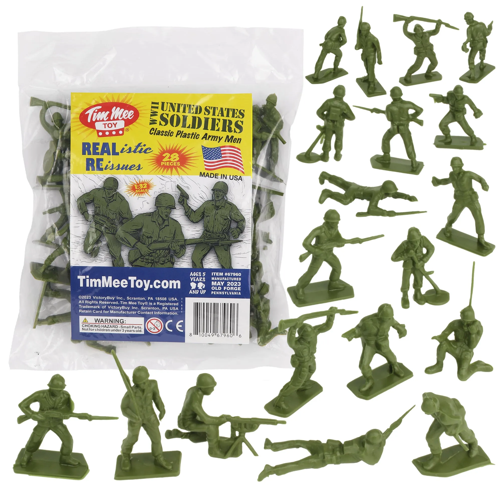 Tim Mee Toy PLASTIC ARMY MEN - 28pc OD Green WW2 Soldier Figures - Made in USA