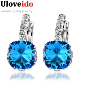 Uloveido Geometric Crystal Wedding Jewelry Earrings for Women Studs Earings Jewelry Blue Cubic Zirconia Stones Ear Clips DML115