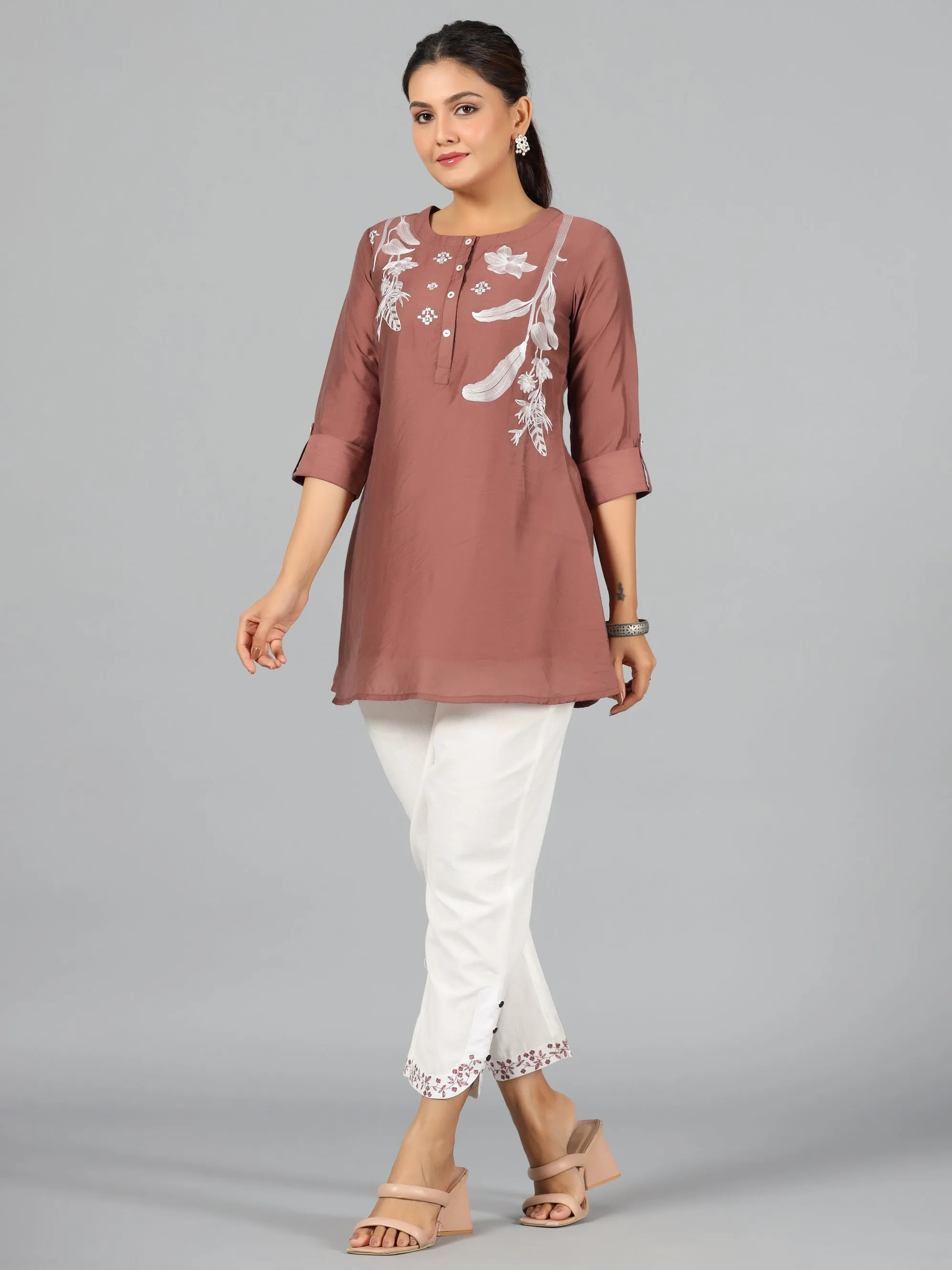 Women Brown Chanderi Embroidered Clothing Set