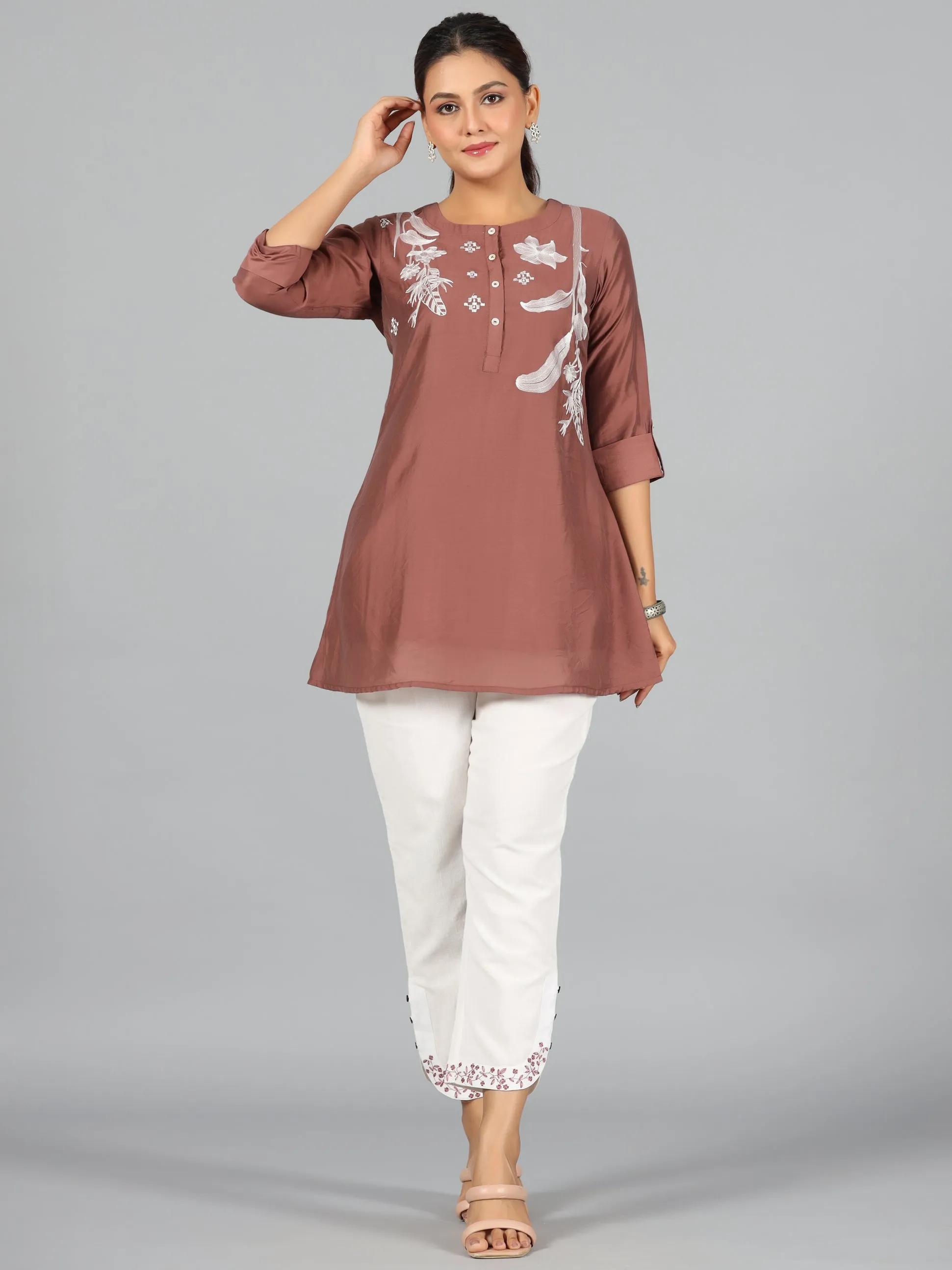 Women Brown Chanderi Embroidered Clothing Set